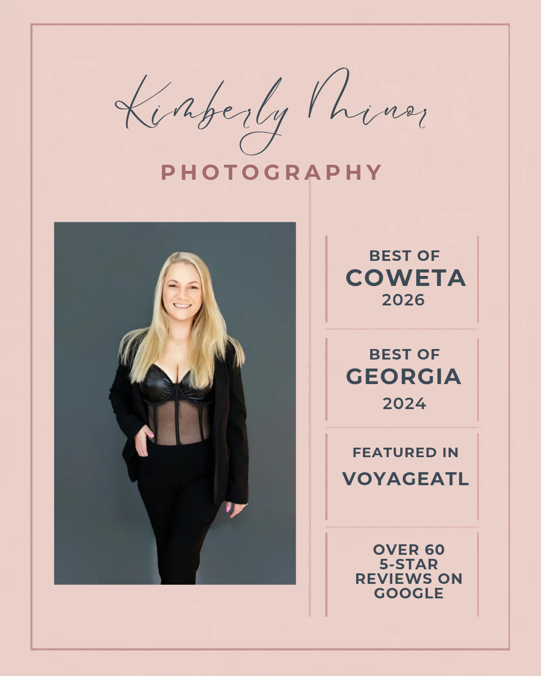 Kimberly Minor, award-winning luxury boudoir photographer in Newnan GA. Best of Coweta 2026, Best of Georgia, Featured in VoyageATL.