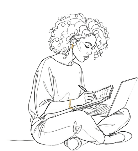 Line illustration of a woman seated and reading