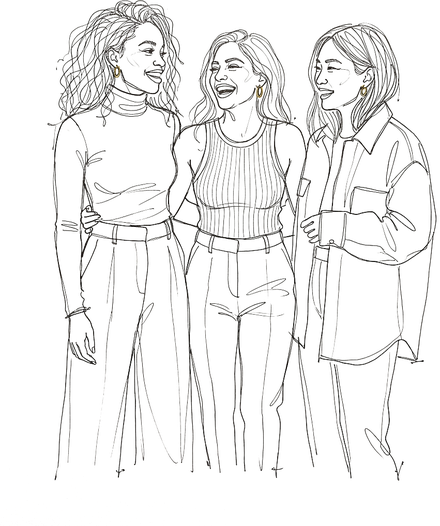 Line illustration of three women standing together