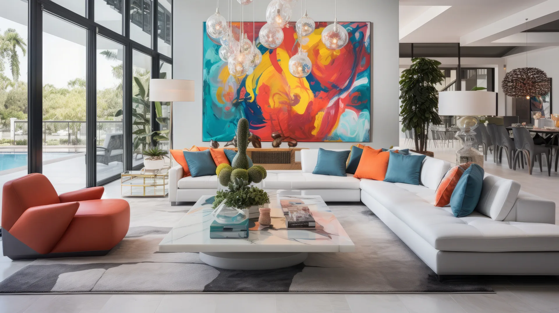 Luxury Miami living room with designer furniture and art, staged by Hercules White Glove Delivery