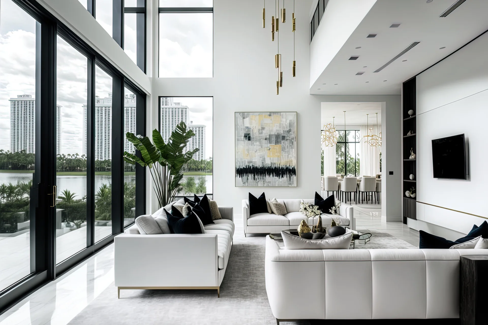 White designer living room overlooking the Miami waterfront, furnished by Hercules moving services