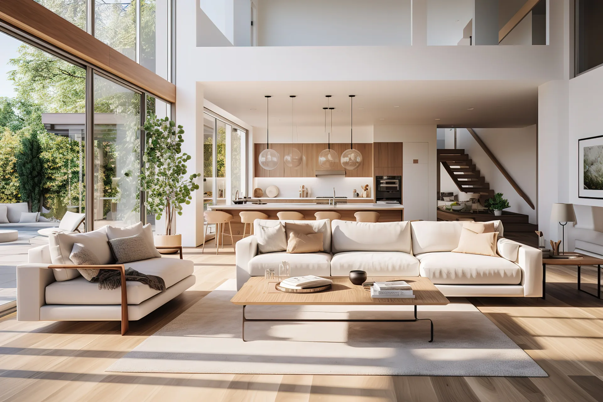 Bright open-plan living room with designer furniture delivered by Hercules in South Florida