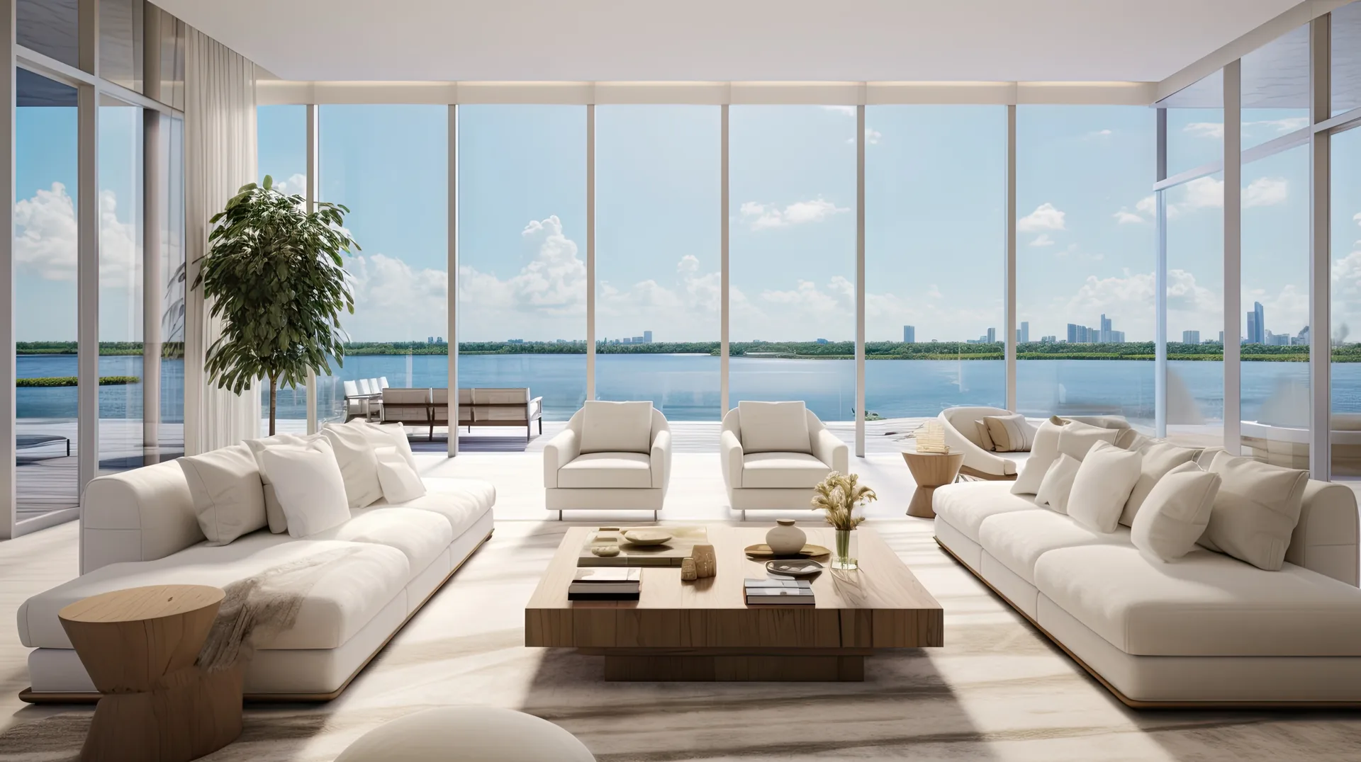 Bright modern living room with floor-to-ceiling windows overlooking the water in a South Florida home