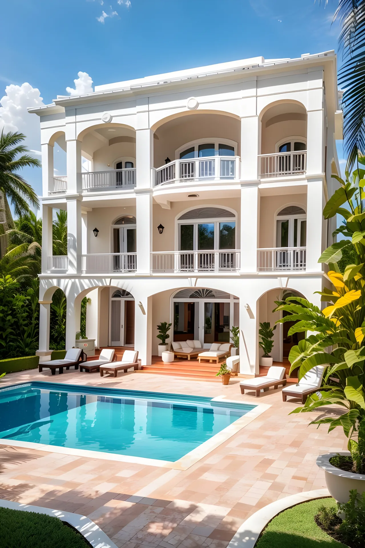 Three-story white luxury waterfront home with a pool and palm trees in South Florida