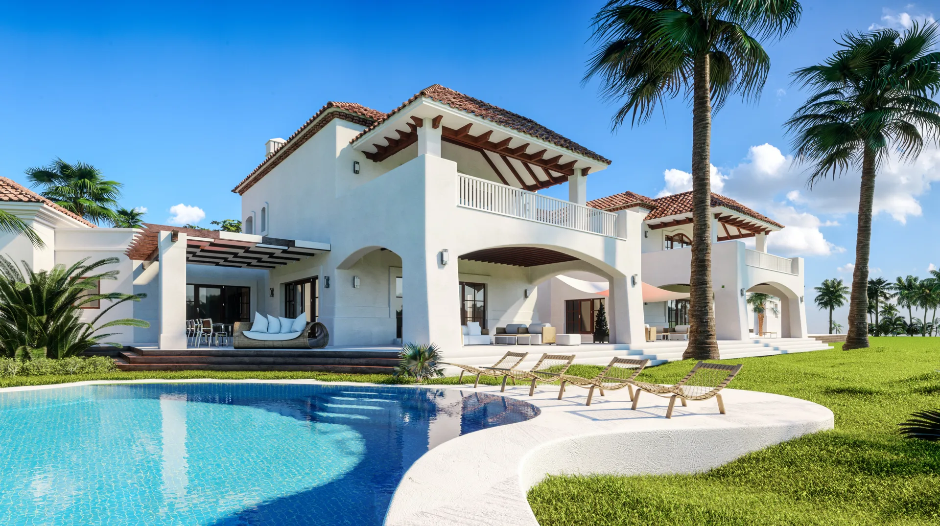 Luxury white South Florida villa with pool and palm trees