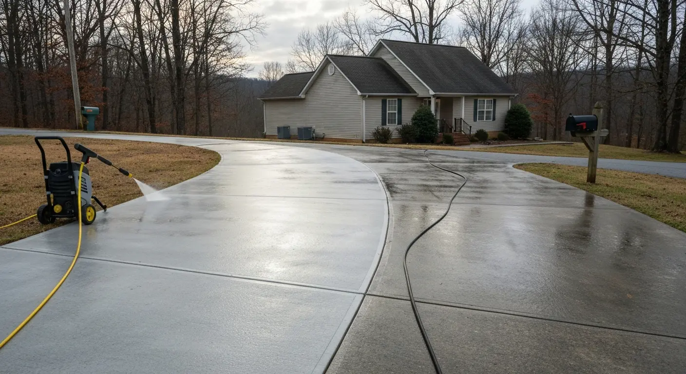 Concrete driveway being power washed