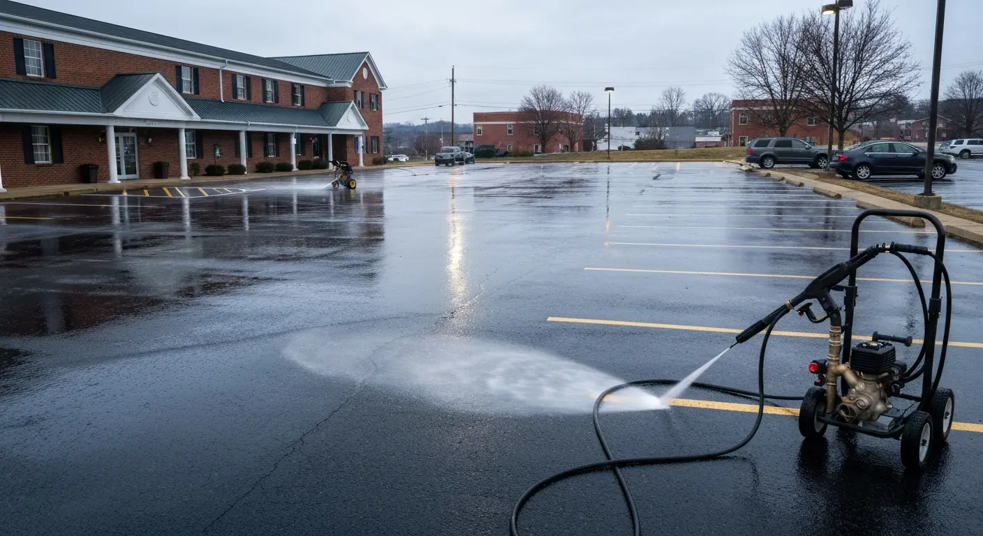 Commercial parking lot being pressure washed