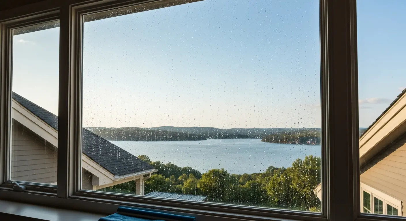 Window cleaning revealing lake views