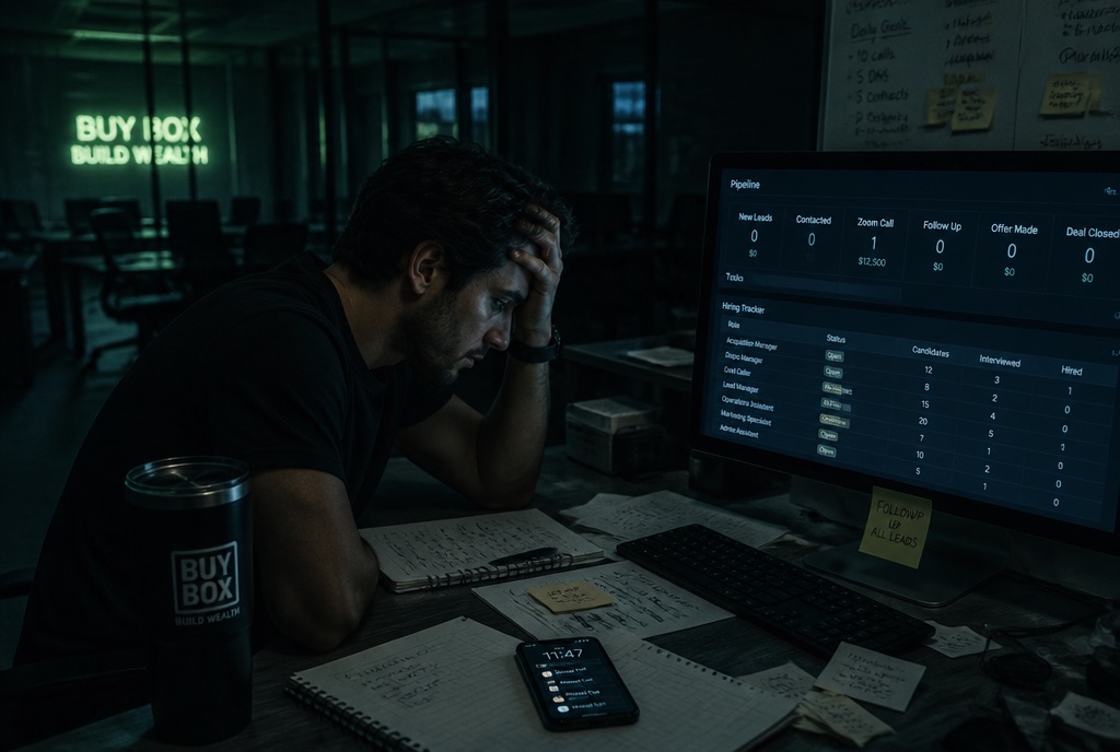 A real estate operator at a desk with a dialer and CRM open, mid-conversation
