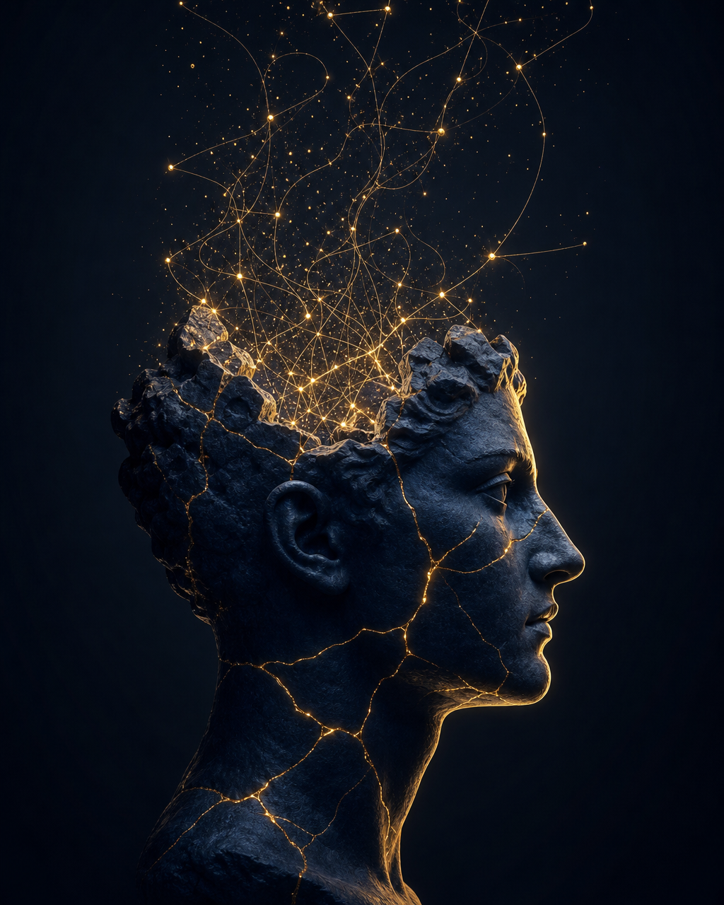 Sculptural head in navy stone, its crown reforged with threads of gold — The Mindshaper