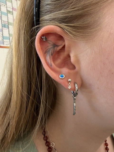 Ear piercing stack with opal stud, diamond drop and silver hoop