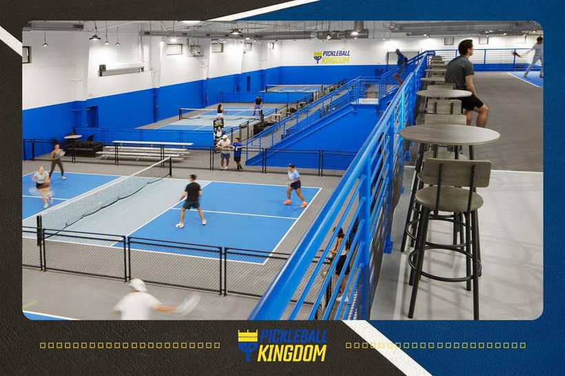 Building I — eight indoor courts with mezzanine at Pickleball Kingdom Pflugerville