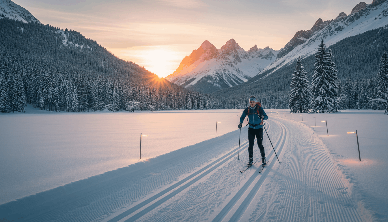 Langläufer auf beleuchteter Loipe in Arosa Maran bei Abendstimmung