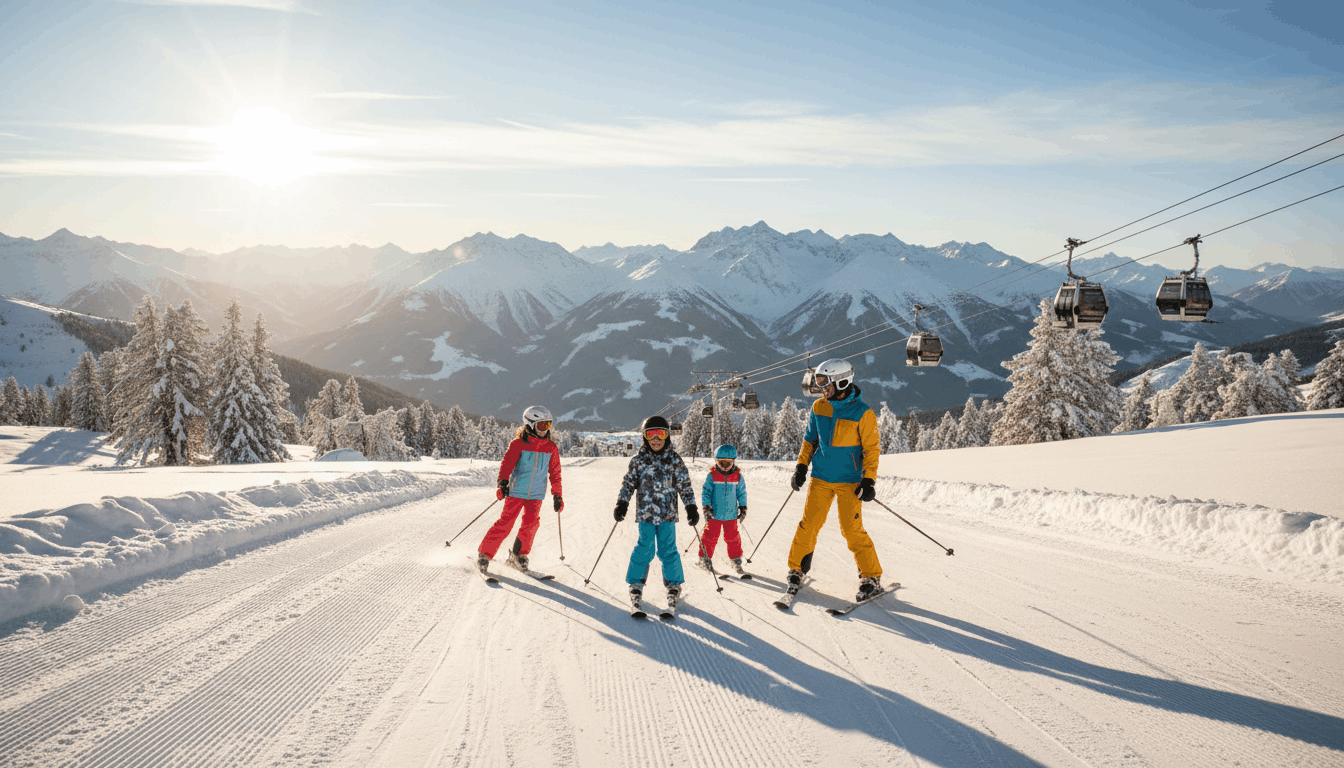 Skifahrer im Skigebiet Arosa Lenzerheide mit verschneiten Gipfeln
