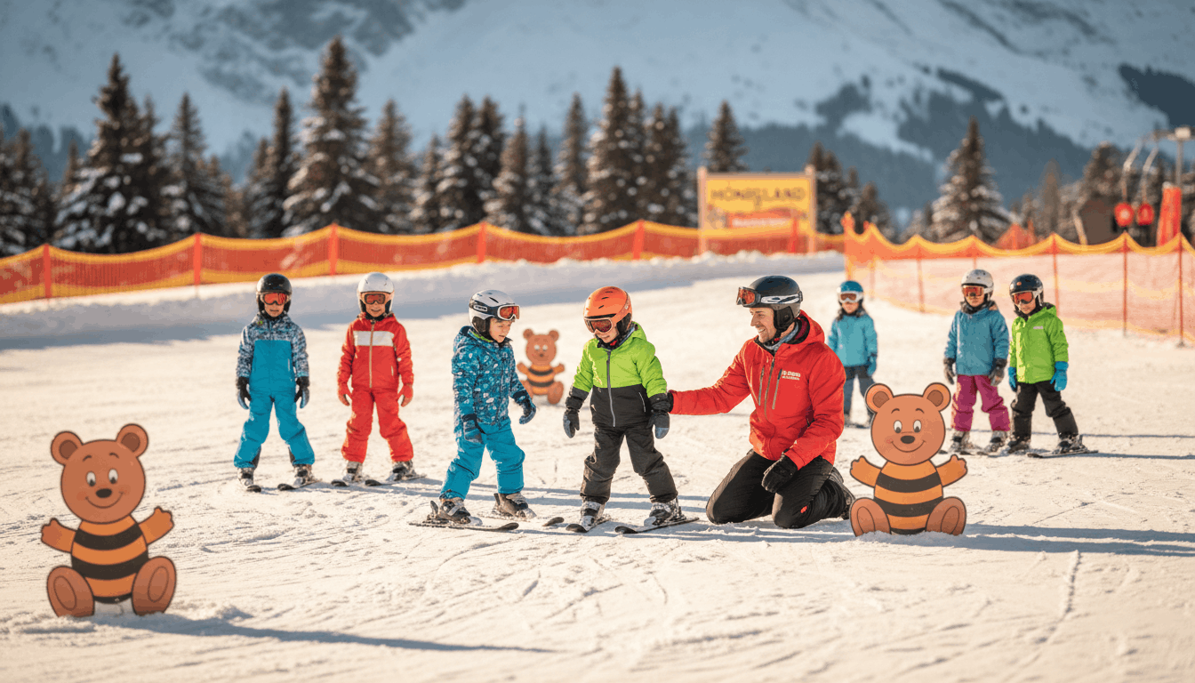 Kinder im Skikindergarten Honigland Arosa beim Skifahren lernen