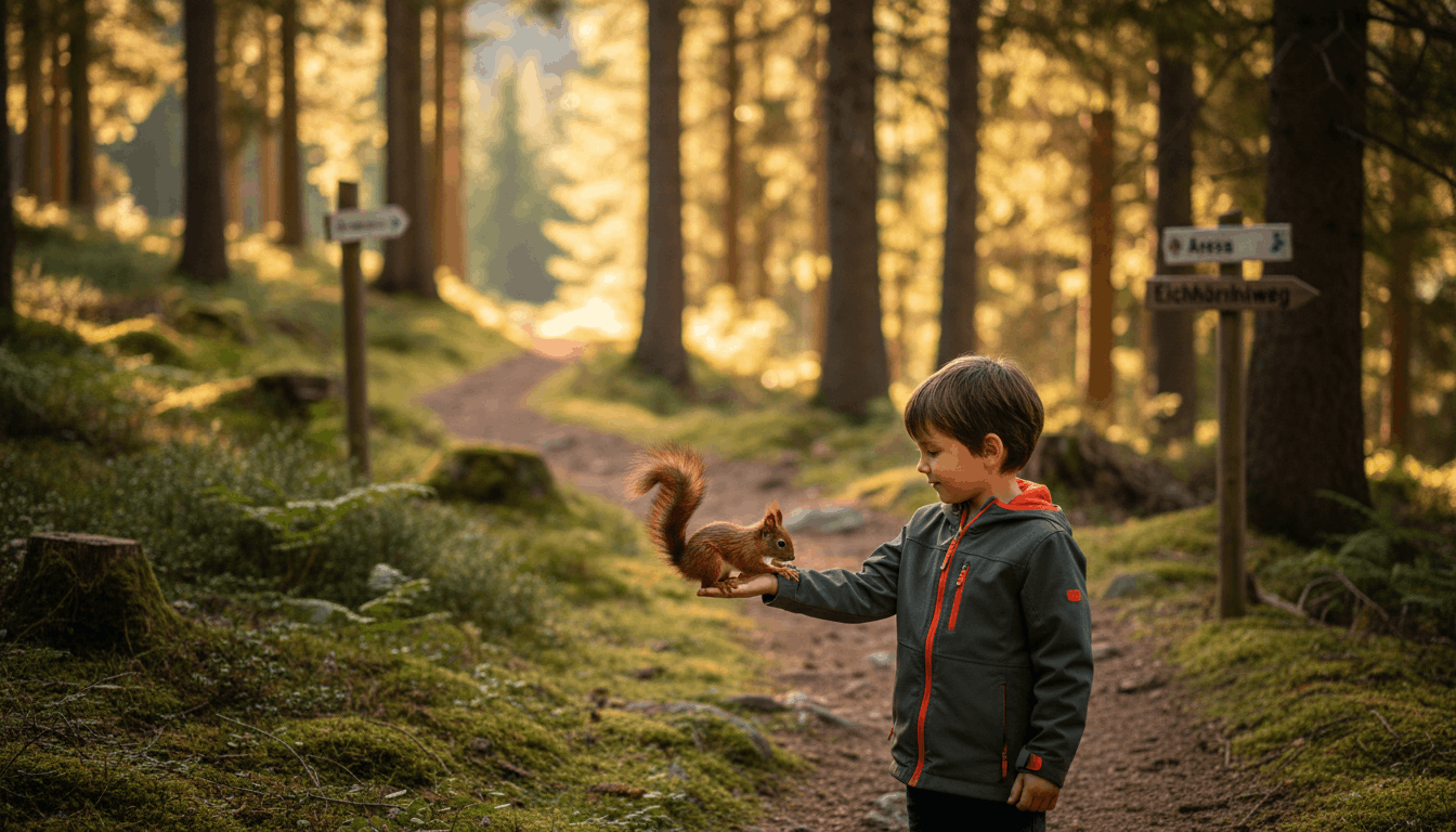 Eichhörnchen frisst aus der Hand eines Kindes auf dem Eichhörnliweg Arosa