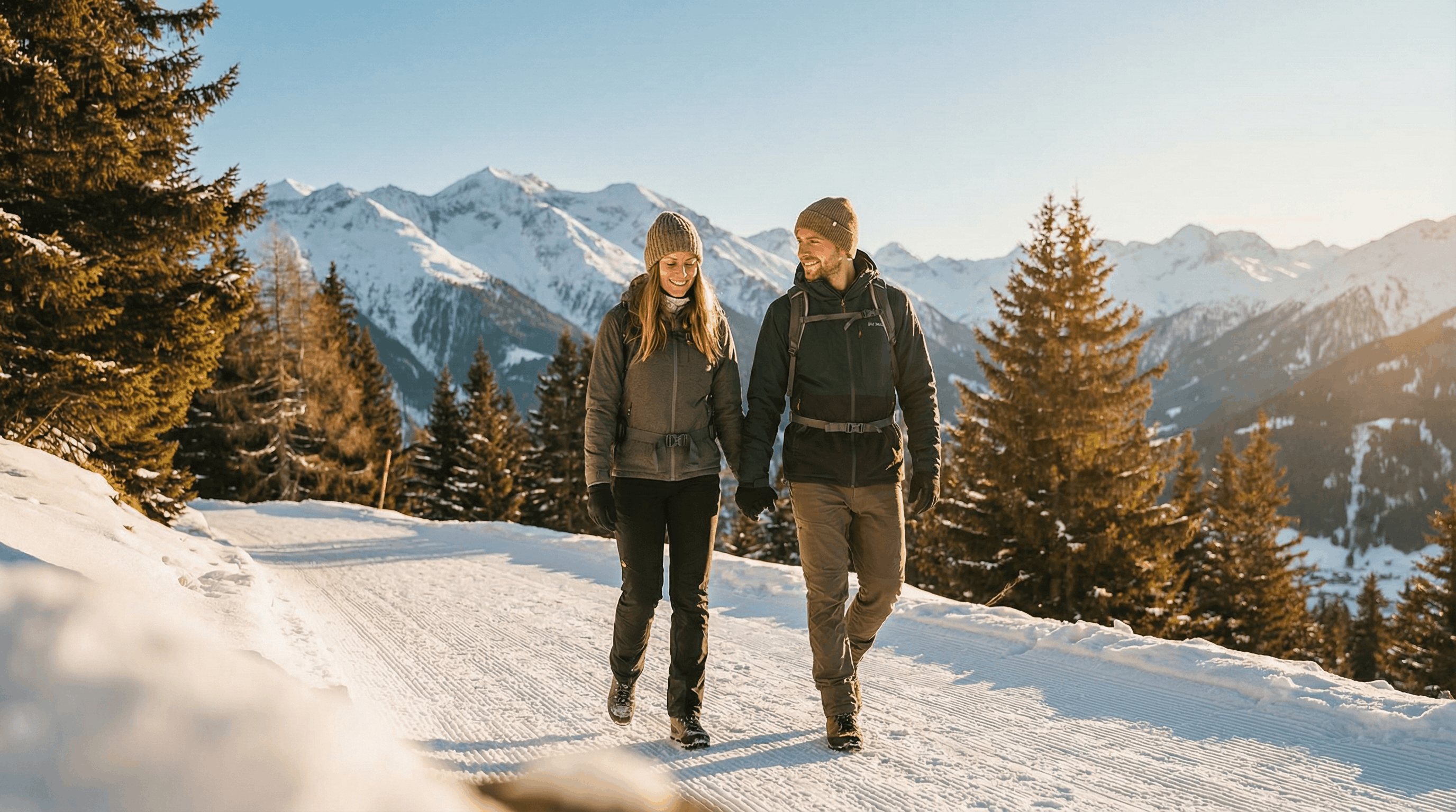 Winterwanderer auf geräumtem Weg oberhalb Lenzerheide mit Sonnenschein