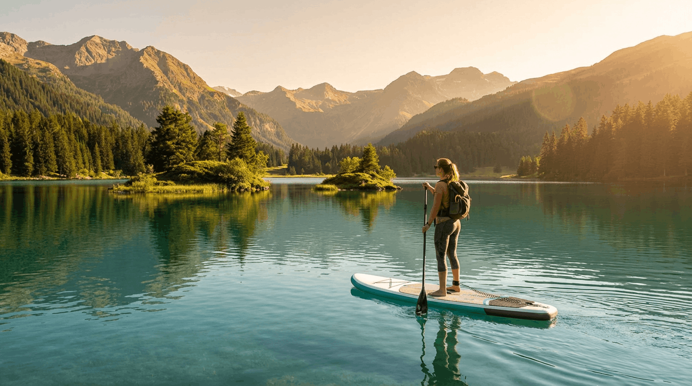 Stand-Up-Paddlerin auf dem Heidsee Lenzerheide mit Bergkulisse