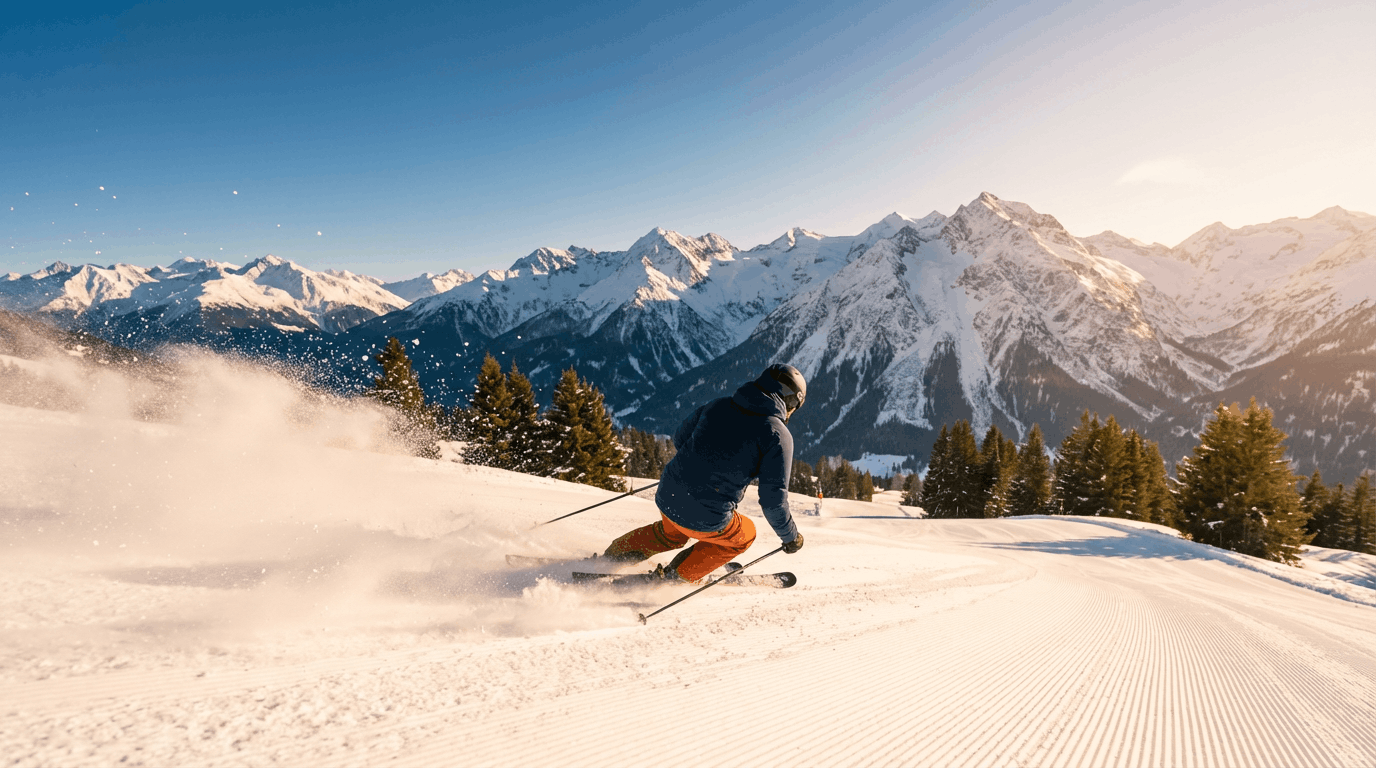 Skifahrer auf perfekt präparierter Piste im Skigebiet Arosa Lenzerheide