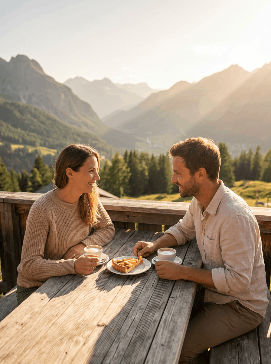 Paar geniesst Sonnenterrasse mit Bergblick in Lenzerheide