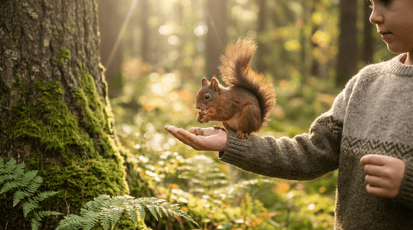 Eichhörnchen im Eichhörnchenwald Lenzerheide frisst aus der Hand