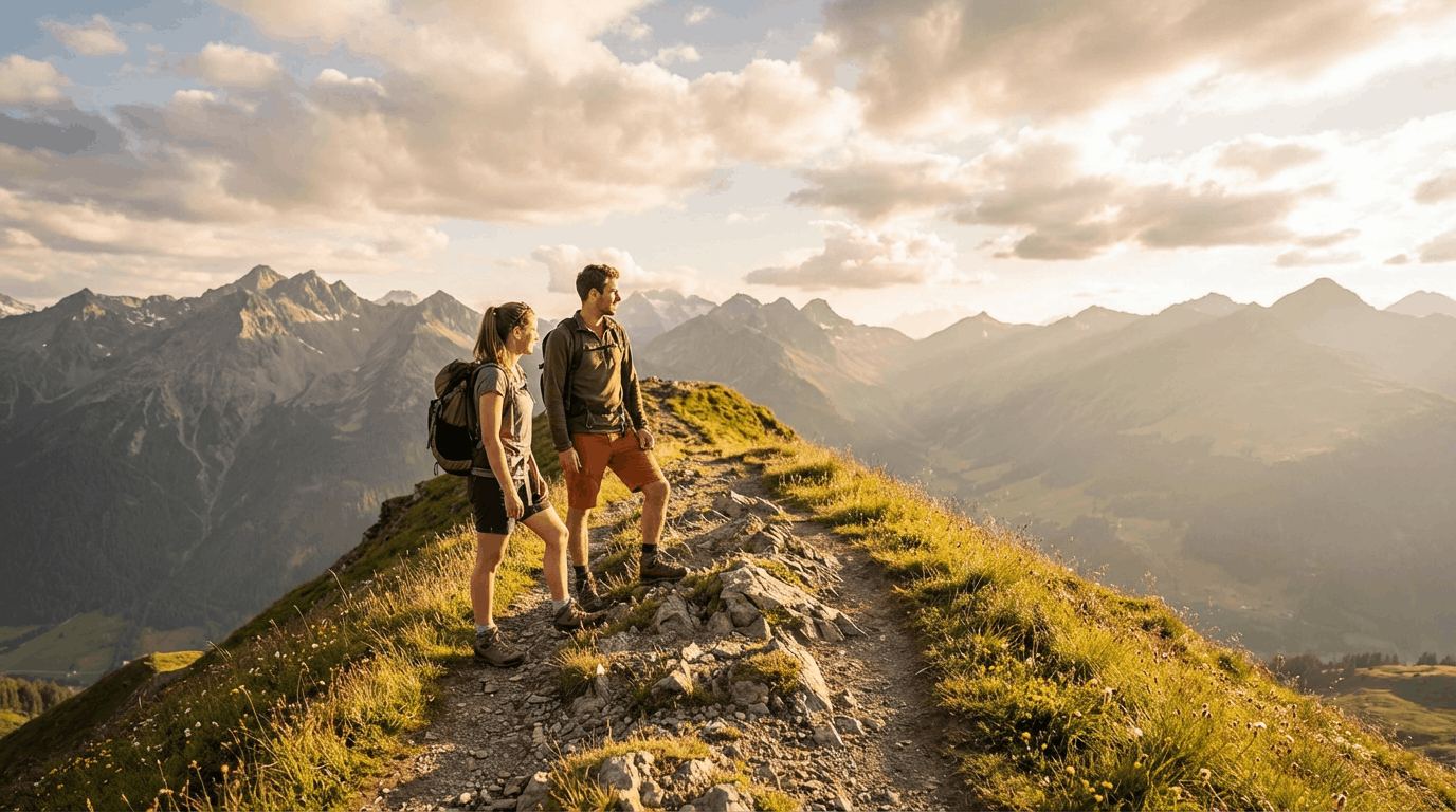 Wanderer auf der Gratwanderung Piz Scalottas mit 360-Grad-Panorama Lenzerheide