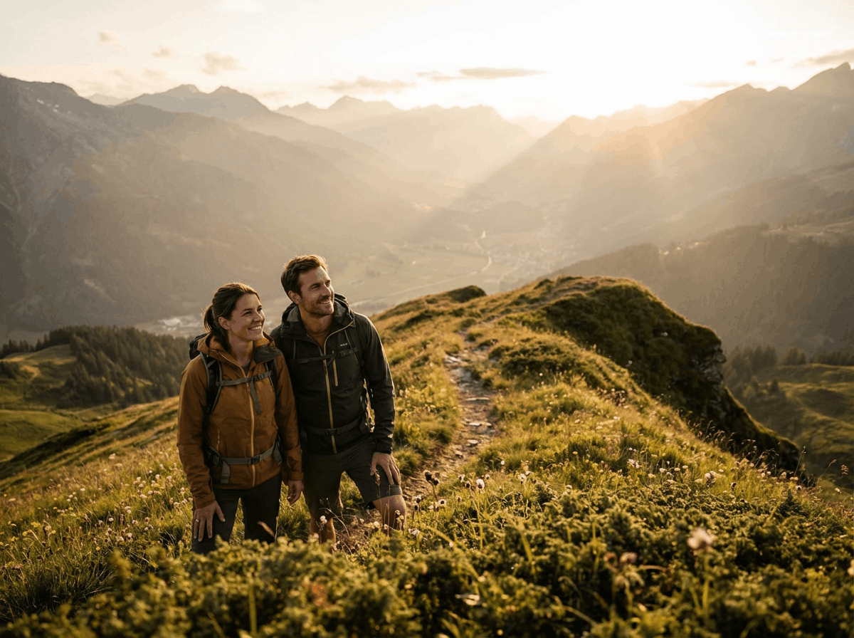 Paar beim Wandern oberhalb Lenzerheide mit Bergpanorama