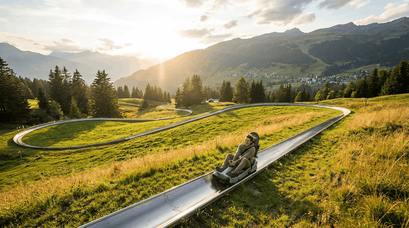 Rodelbahn Pradaschier bei Churwalden mit Alpenpanorama