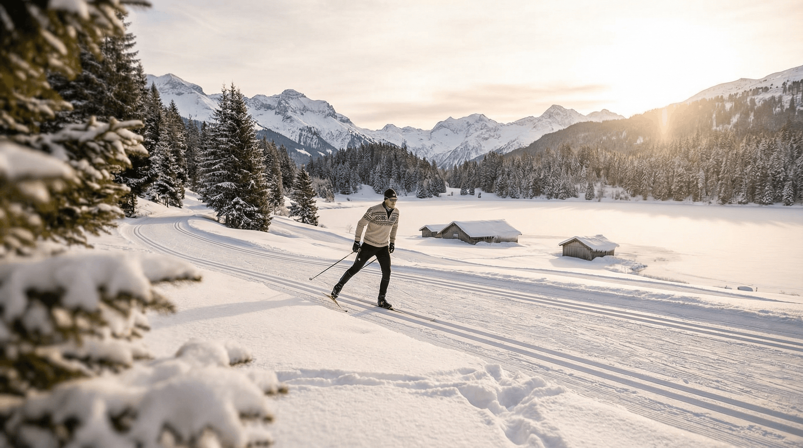 Langläufer auf der Loipe am gefrorenen Heidsee Lenzerheide