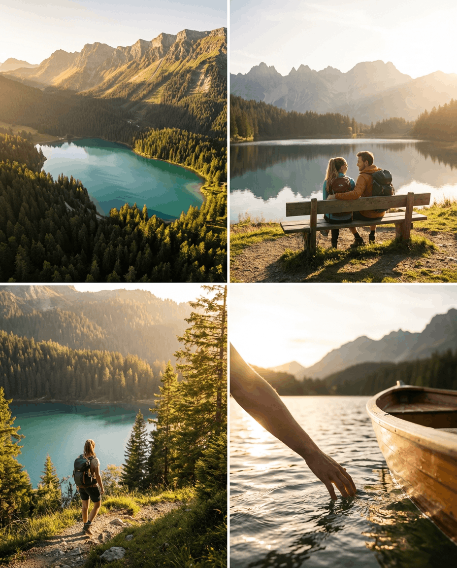 Panoramablick über den Heidsee in Lenzerheide bei Sonnenaufgang