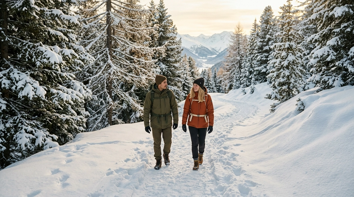 Winterwanderweg durch verschneiten Wald bei St. Moritz