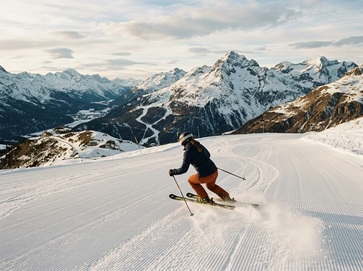 Skifahrer auf der Corviglia oberhalb St. Moritz