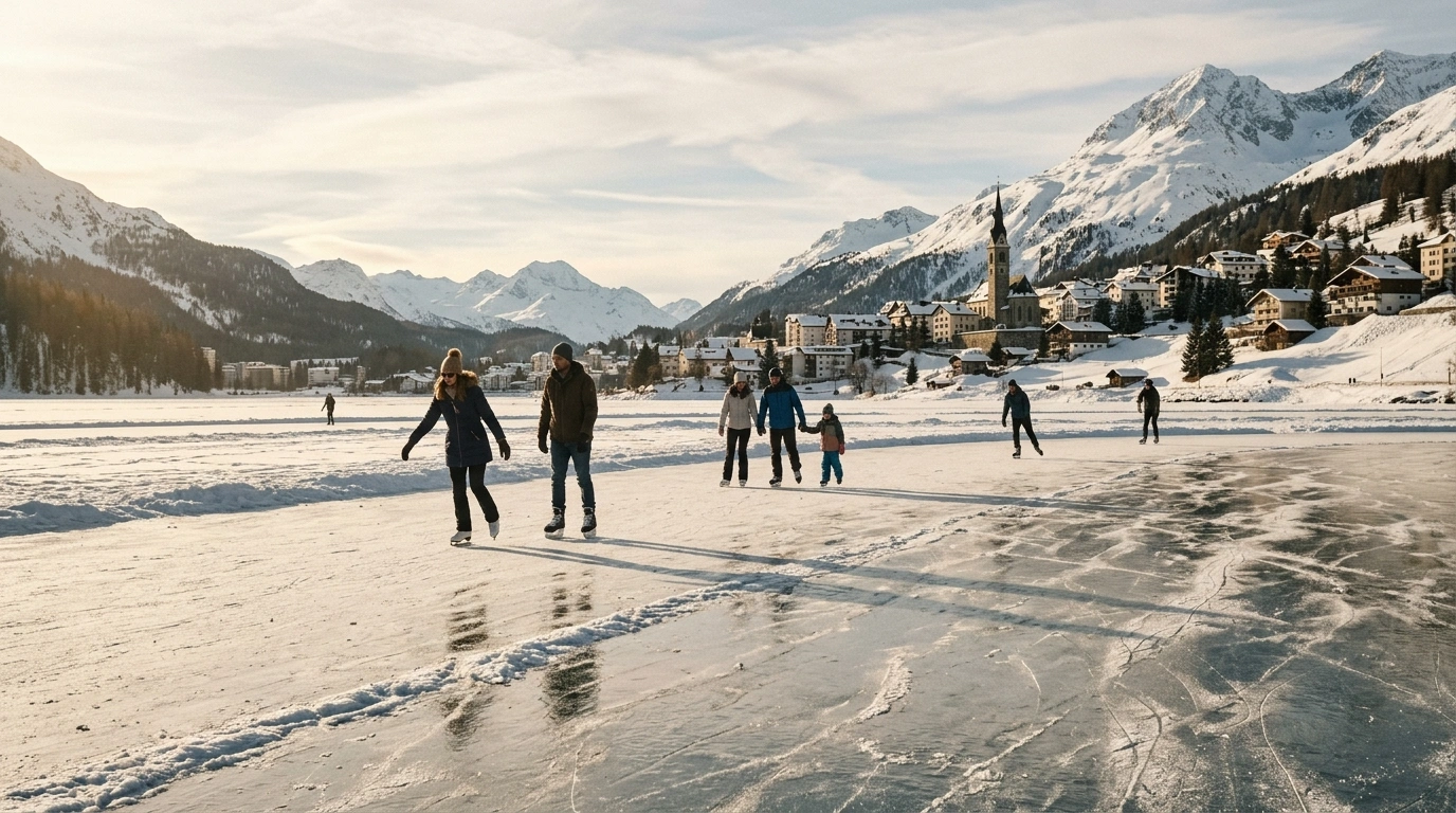 Schlittschuhläufer auf dem zugefrorenen St. Moritzersee