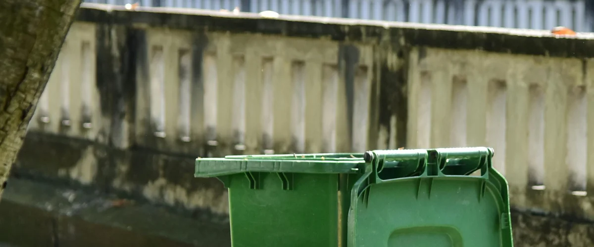 Two large green garbage bins sit in front of a concrete retaining wall with vertical panels, partially in shadow. Two large green garbage bins sit in front of a concrete retaining wall with vertical panels, partially in shadow.