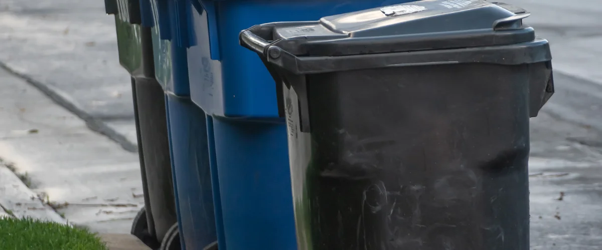 A close-up view of five blue and black recycling bins lined up next to a sidewalk with green grass. A close-up view of five blue and black recycling bins lined up next to a sidewalk with green grass.