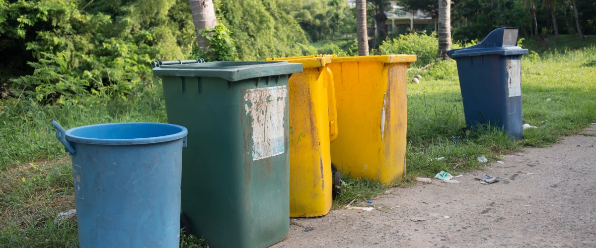 Multiple colorful trash bins, including blue, green, and yellow, lined up along a paved roadside next to lush green foliage. Multiple colorful trash bins, including blue, green, and yellow, lined up along a paved roadside next to lush green foliage.