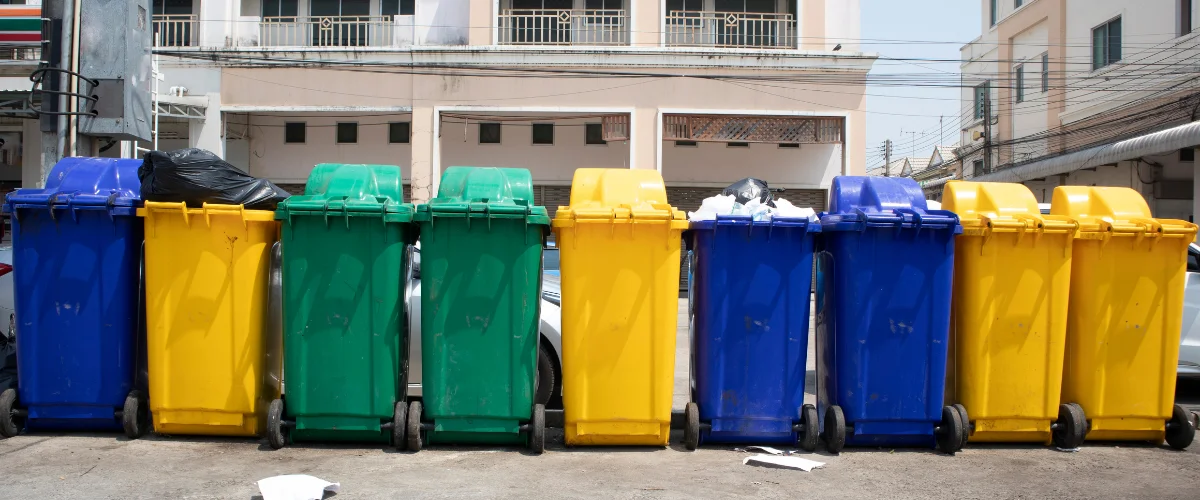 Multiple colorful trash bins, including blue, green, and yellow, lined up along a paved roadside next to lush green foliage. Multiple colorful trash bins, including blue, green, and yellow, lined up along a paved roadside next to lush green foliage.