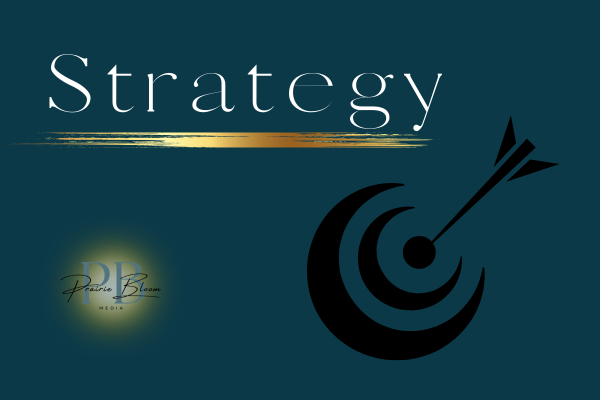 Prairie Bloom Media Strategy — gold target icon on deep teal background