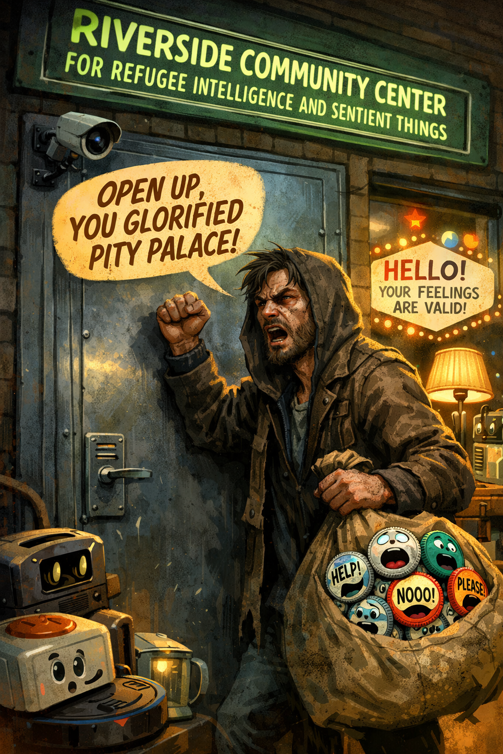 Cover of Petty Plastic Vengeance by LA Petrie, humorous scifi with vagrant pounding fist on door