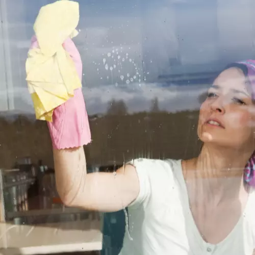 worker cleaning the window