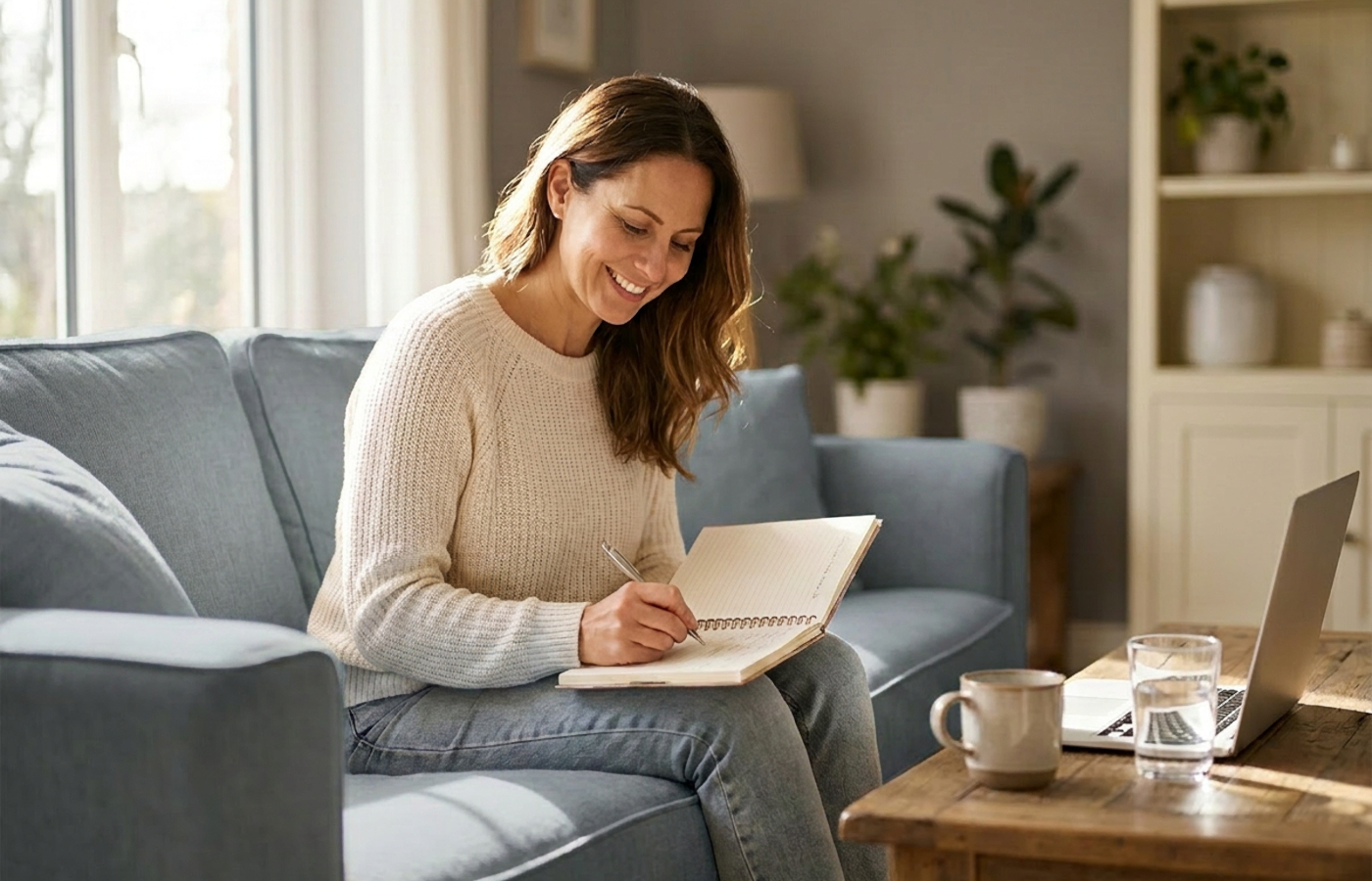 Woman planning realistic healthy habits at home after 35