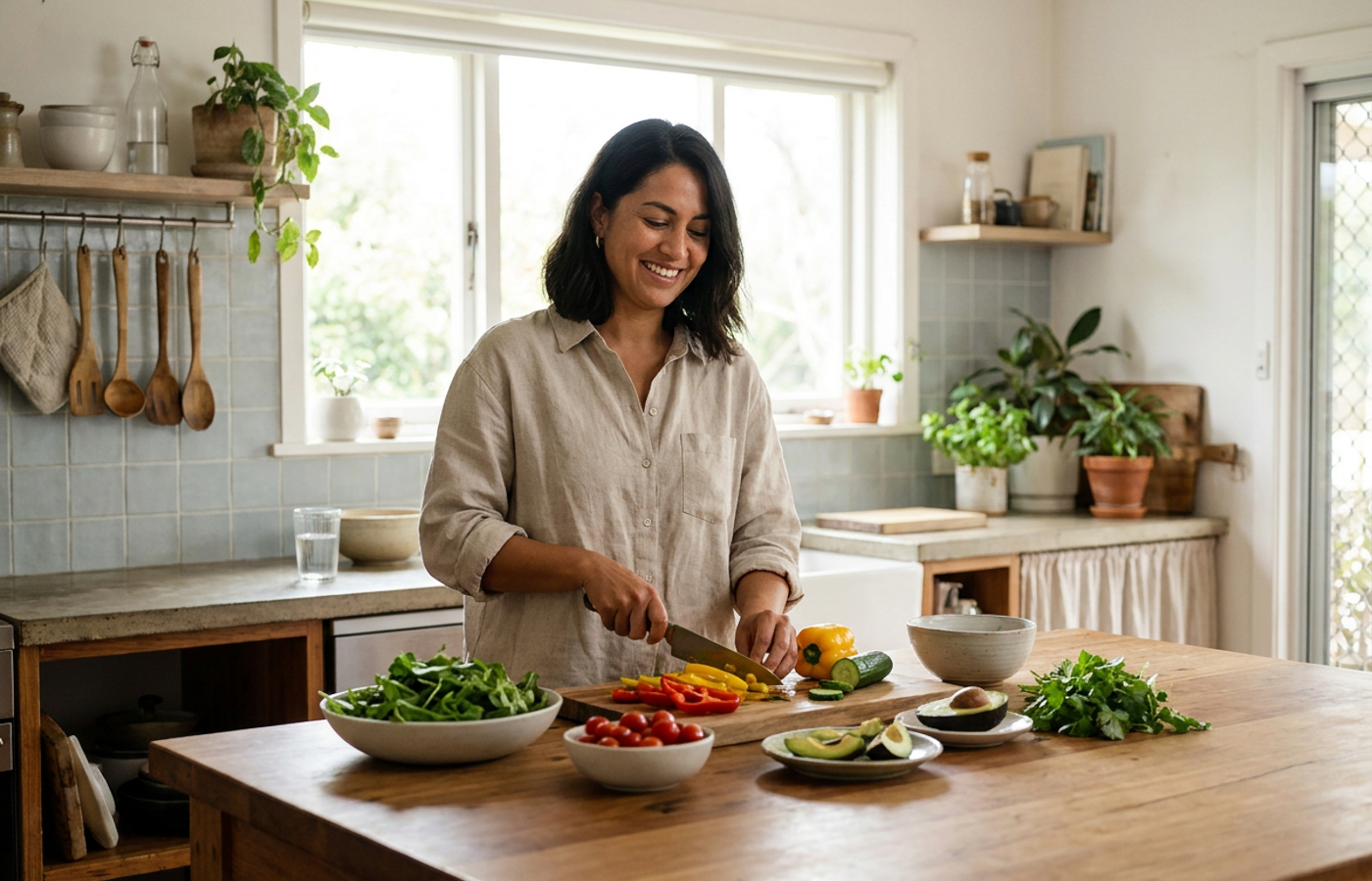 Woman preparing simple real-life nutrition at home