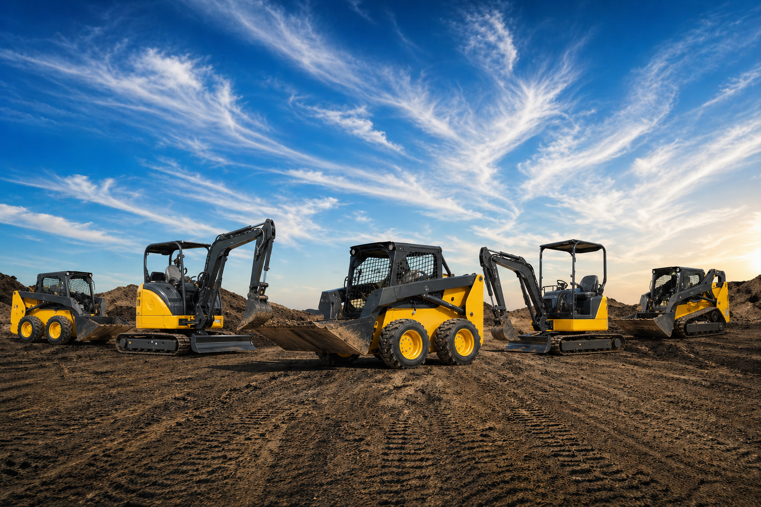 Skid steers and mini excavators lined up on a dirt job site under a blue sky