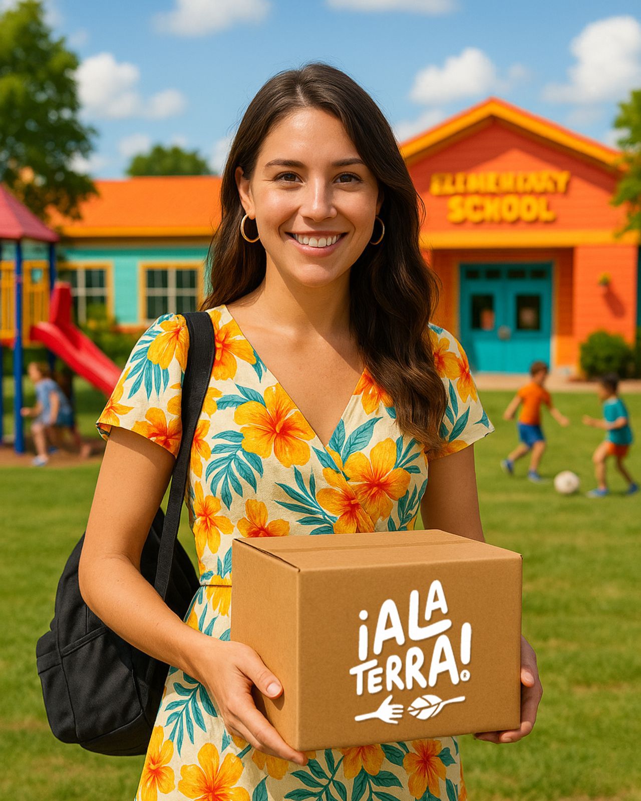 Distribuidora con una caja de ¡Ala Terra! frente a una escuela