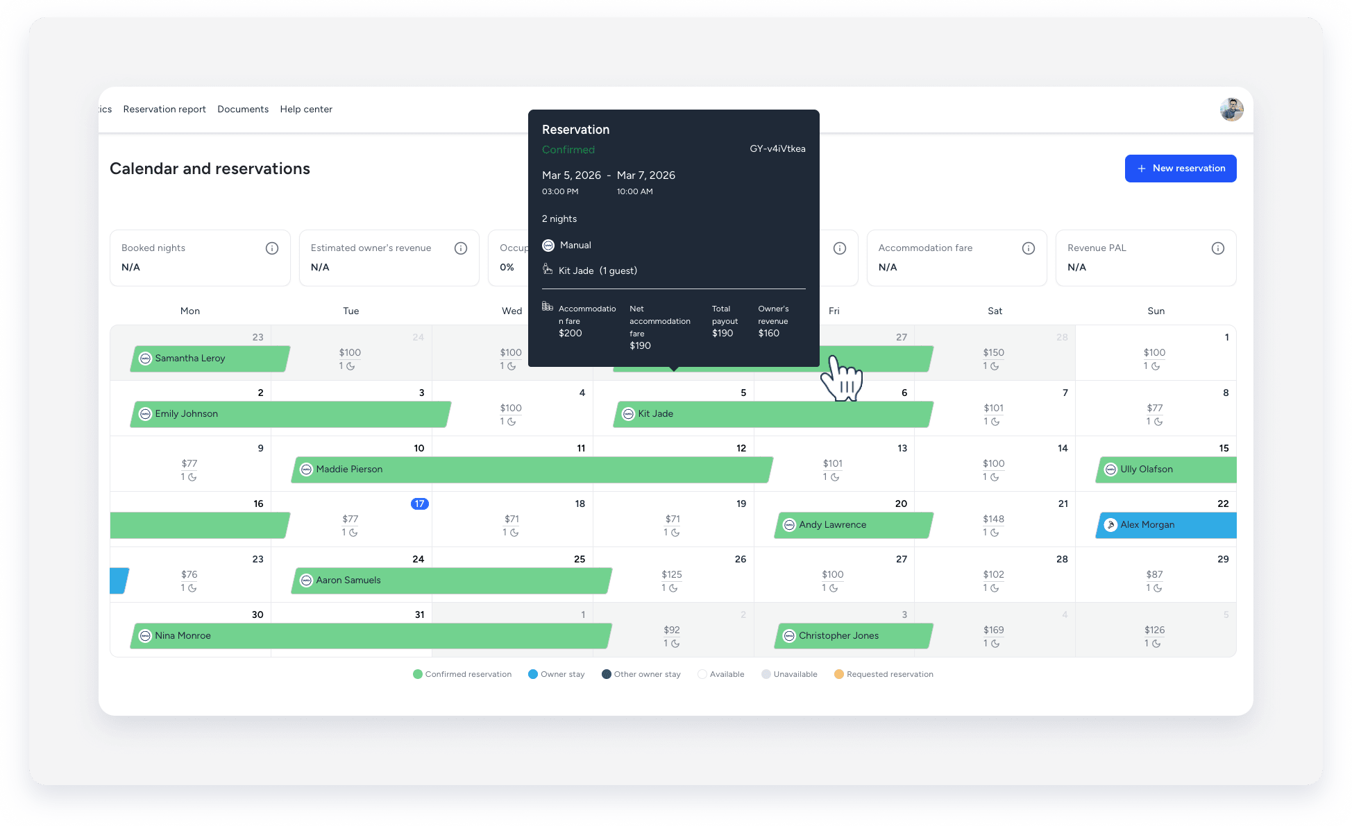 The Guesty owner portal calendar, with one reservation open