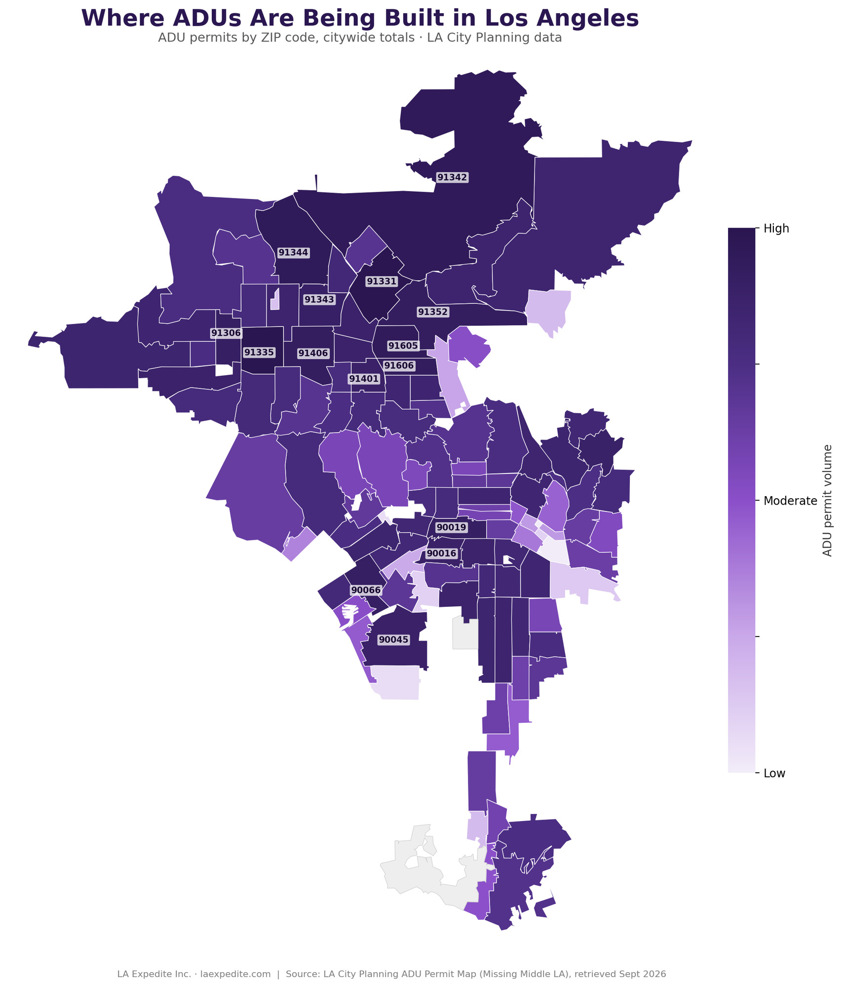 Map of Los Angeles showing ADU permit volume by ZIP code, based on LA City Planning data