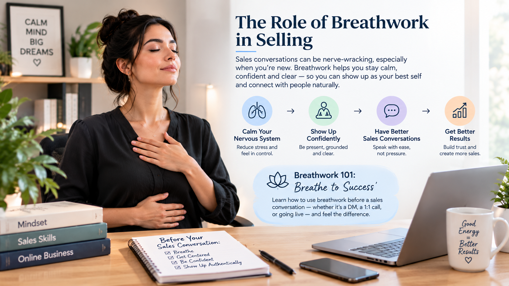 Breathwork techniques for building confidence and staying calm during sales conversations. Breathwork techniques for building confidence and staying calm during sales conversations.