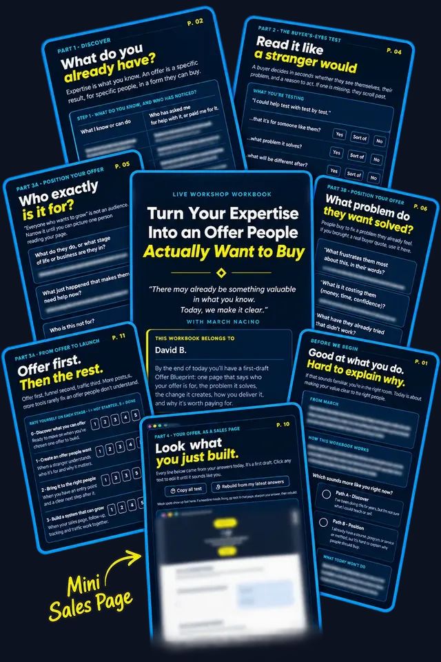 Workbook pages, Offer Blueprint and mini sales page