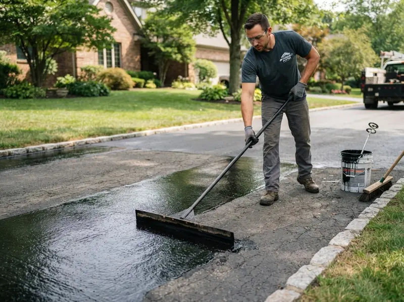 Sealcoating being applied to an asphalt driveway with a squeegee
