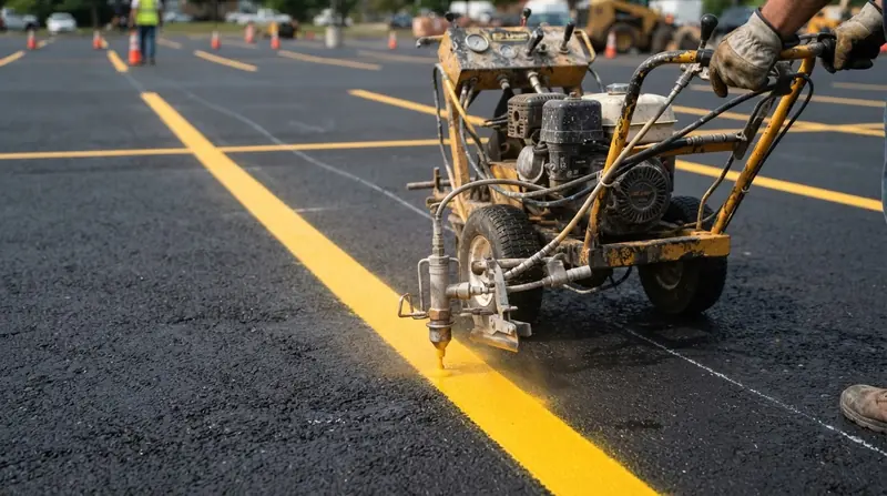 Line striping equipment painting crisp yellow lines on fresh asphalt